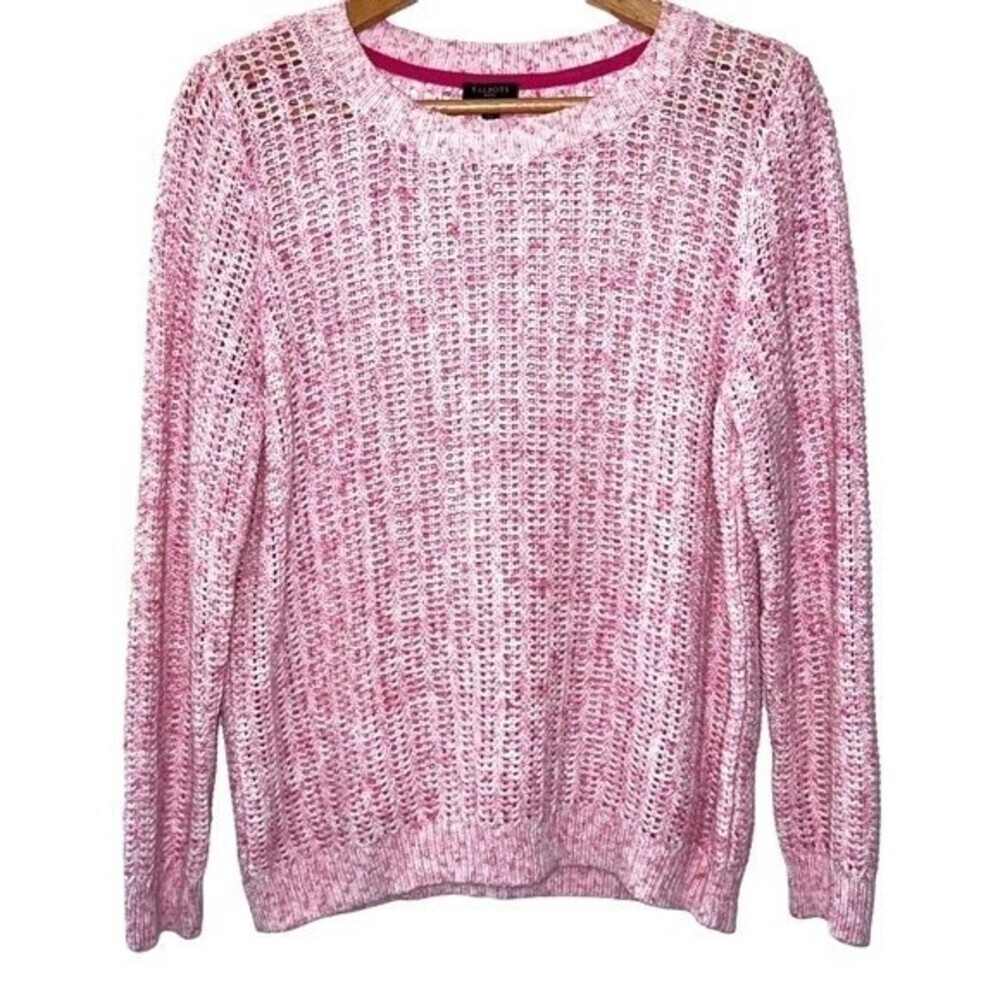 Talbots Coastal Soft Lightweight Soft Pink and  White Open Knit Sweater LRG P